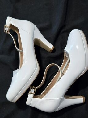 Classic White Patent Mary Jane Heels with Ankle Strap